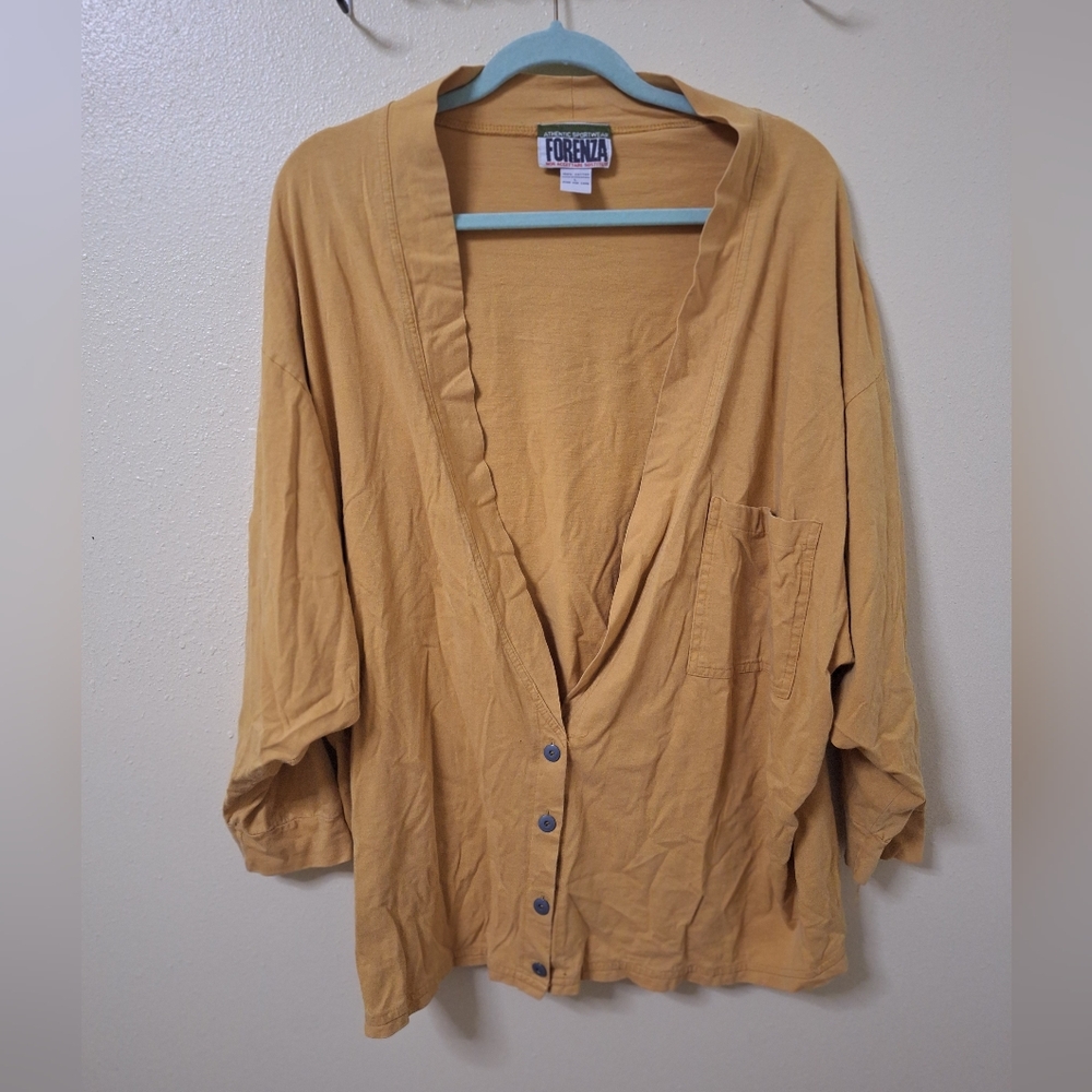 Forenza Tan 3/4 Sleeve Boxy Button Down Shirt